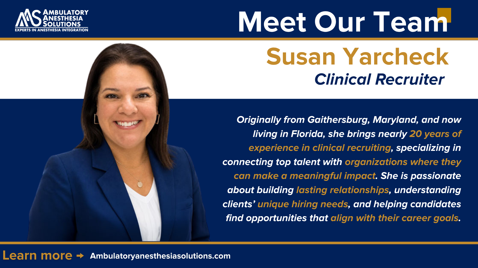 Susan Yarcheck, new Clinical Recruiter at Ambulatory Anesthesia Solutions.